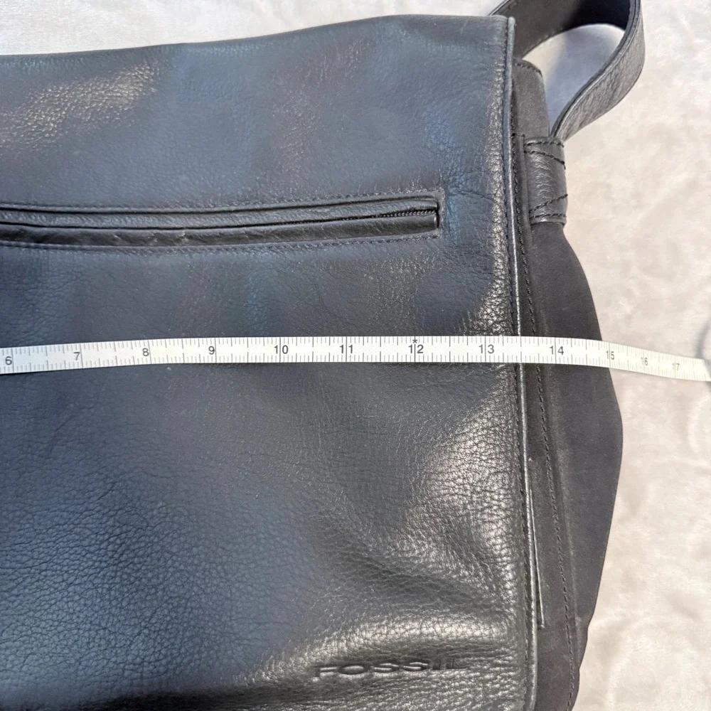 Fossil Black Leather Nylon Messenger Bag Organizer Laptop Crossbody Adjustable